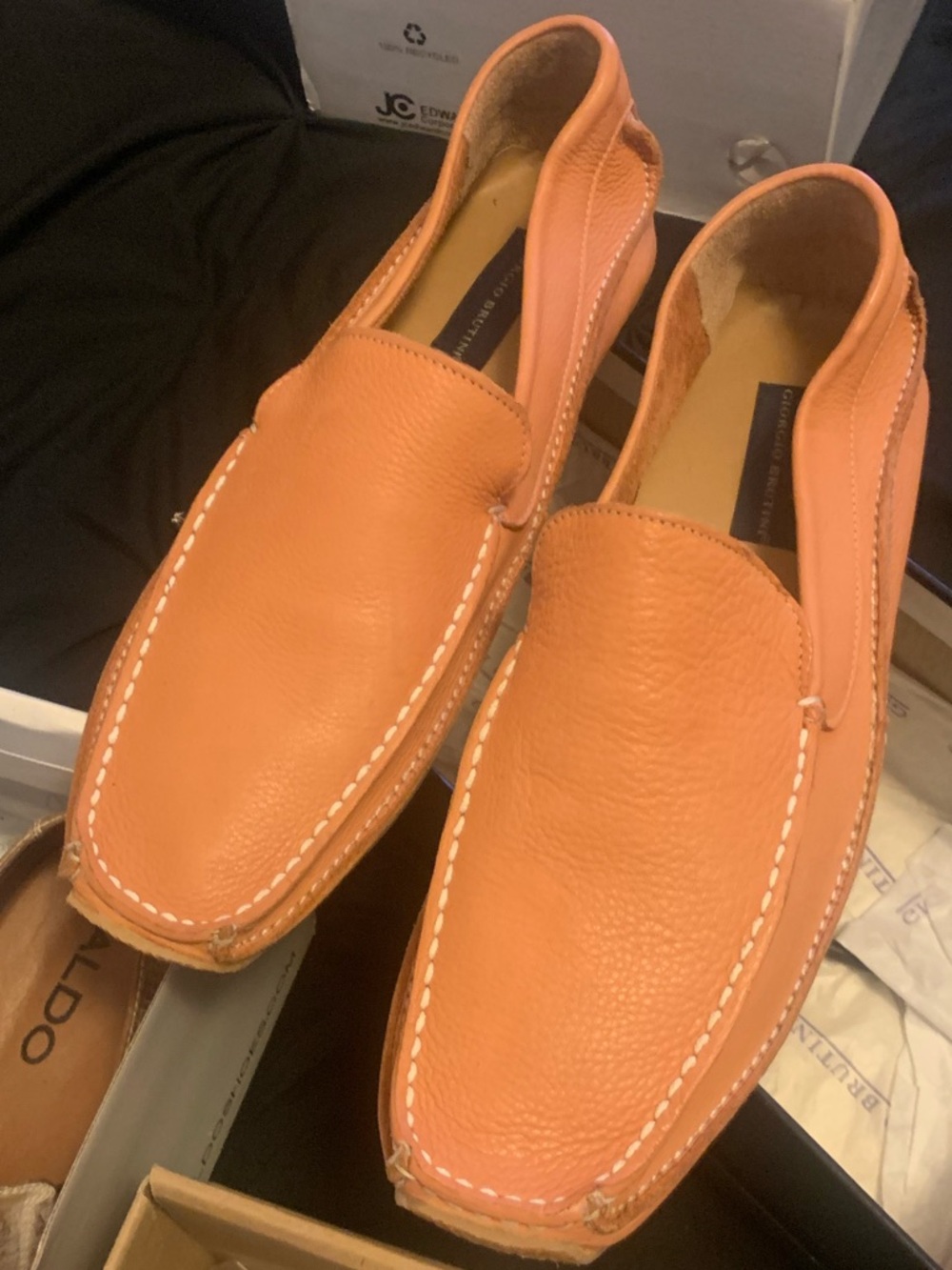 Giorgio Armani Orange Pebbled Leather Slip-On Loafers with White Stitching